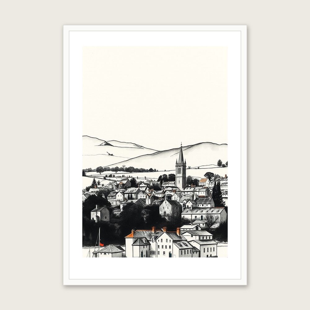 The Lake District - Framed Ink Wash Landscape Print in Neutral & Beige in a white frame