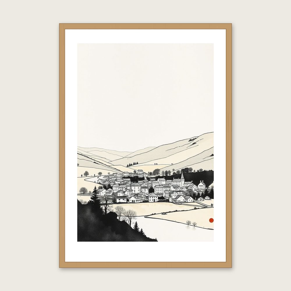Haweswater Landscape Wall Art - Framed Neutral & Beige Ink Wash Print in a oak frame