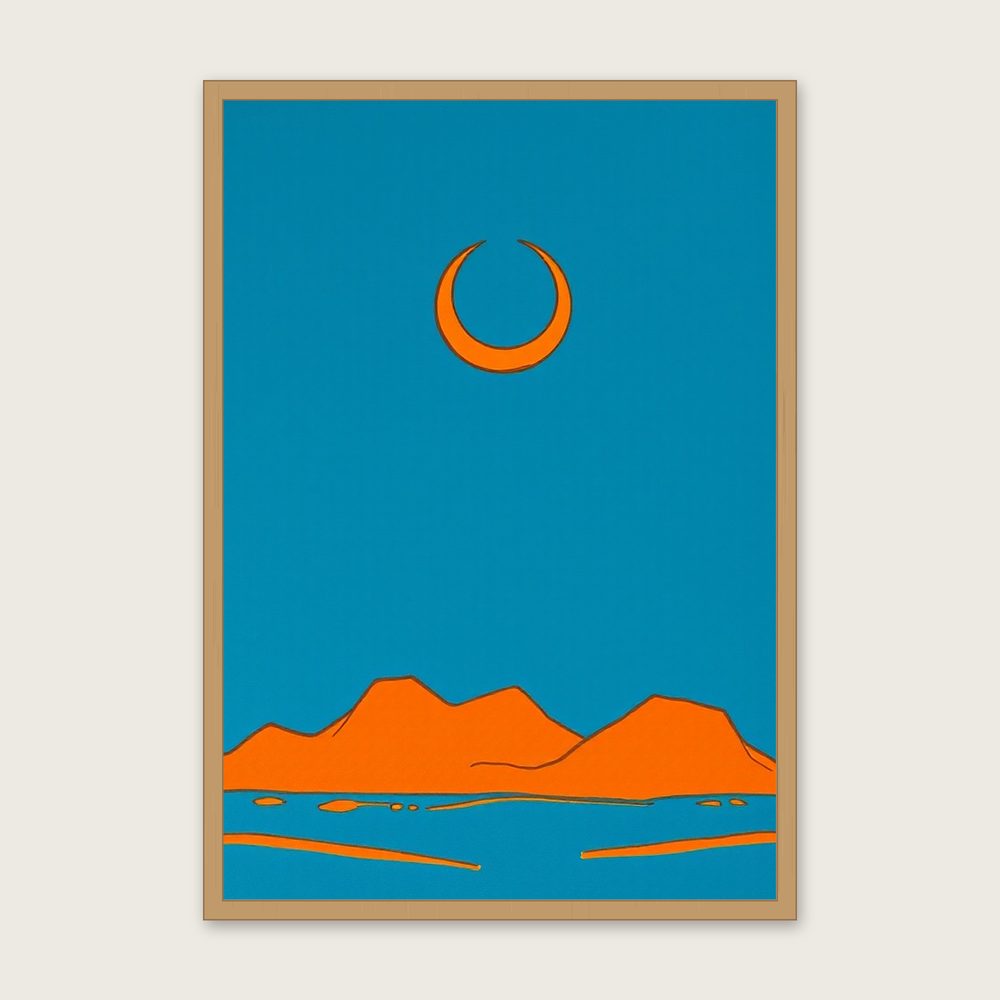 A Crescent Moon and the Evening Star Celestial Wall Art - Framed Bold Colour Gouache Print - Oak Frame, A3