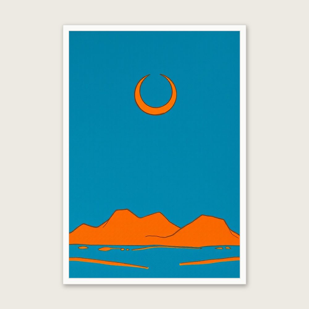 A Crescent Moon and the Evening Star Celestial Wall Art - Framed Bold Colour Gouache Print - White Frame, A3
