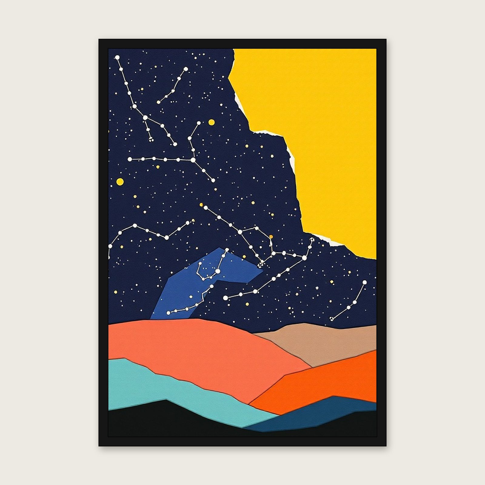 The Constellation Perseus Collage Print - Framed Colourful Celestial Wall Art shown in a black frame