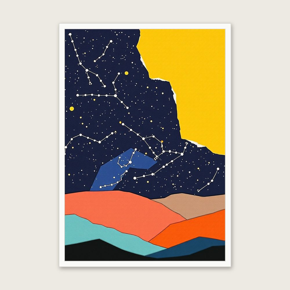 The Constellation Perseus Collage Print - Framed Colourful Celestial Wall Art in a white frame