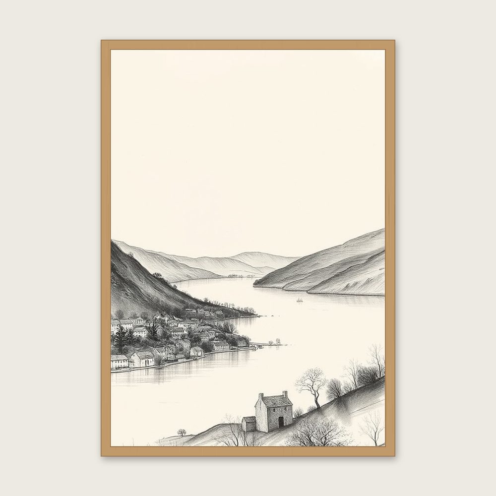 Ullswater Charcoal Print - Framed Black & White Landscape Wall Art in a oak frame