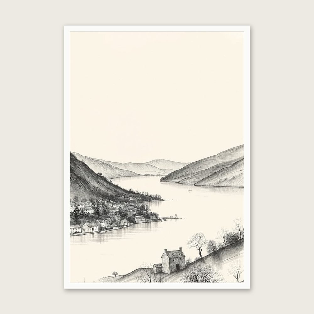 Ullswater Charcoal Print - Framed Black & White Landscape Wall Art in a white frame