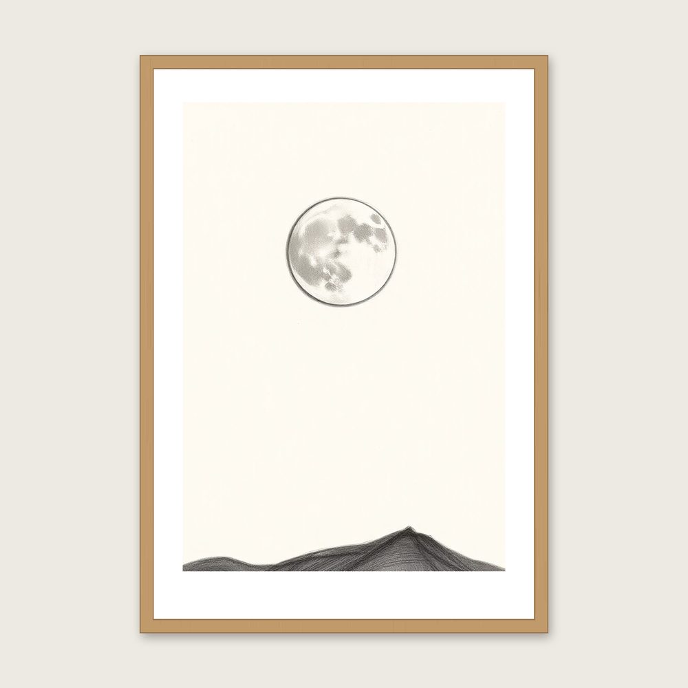 Framed Pencil Sketch Print of A Waning Gibbous Moon - Neutral & Beige Celestial Wall Art in a oak frame