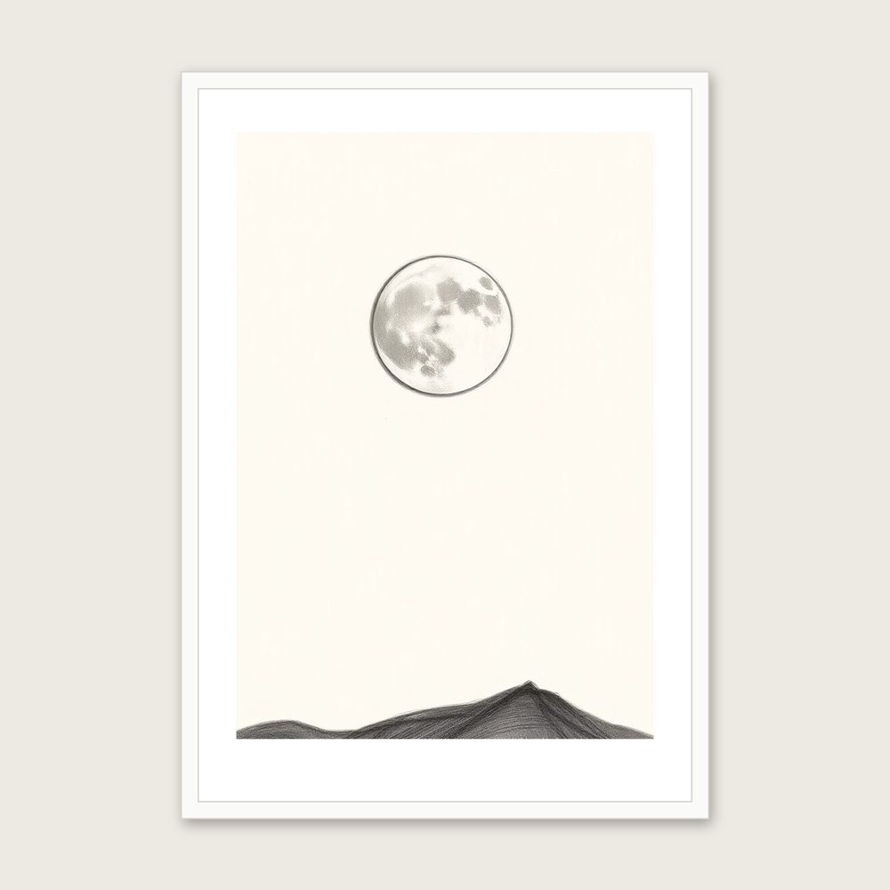 Framed Pencil Sketch Print of A Waning Gibbous Moon - Neutral & Beige Celestial Wall Art in a white frame