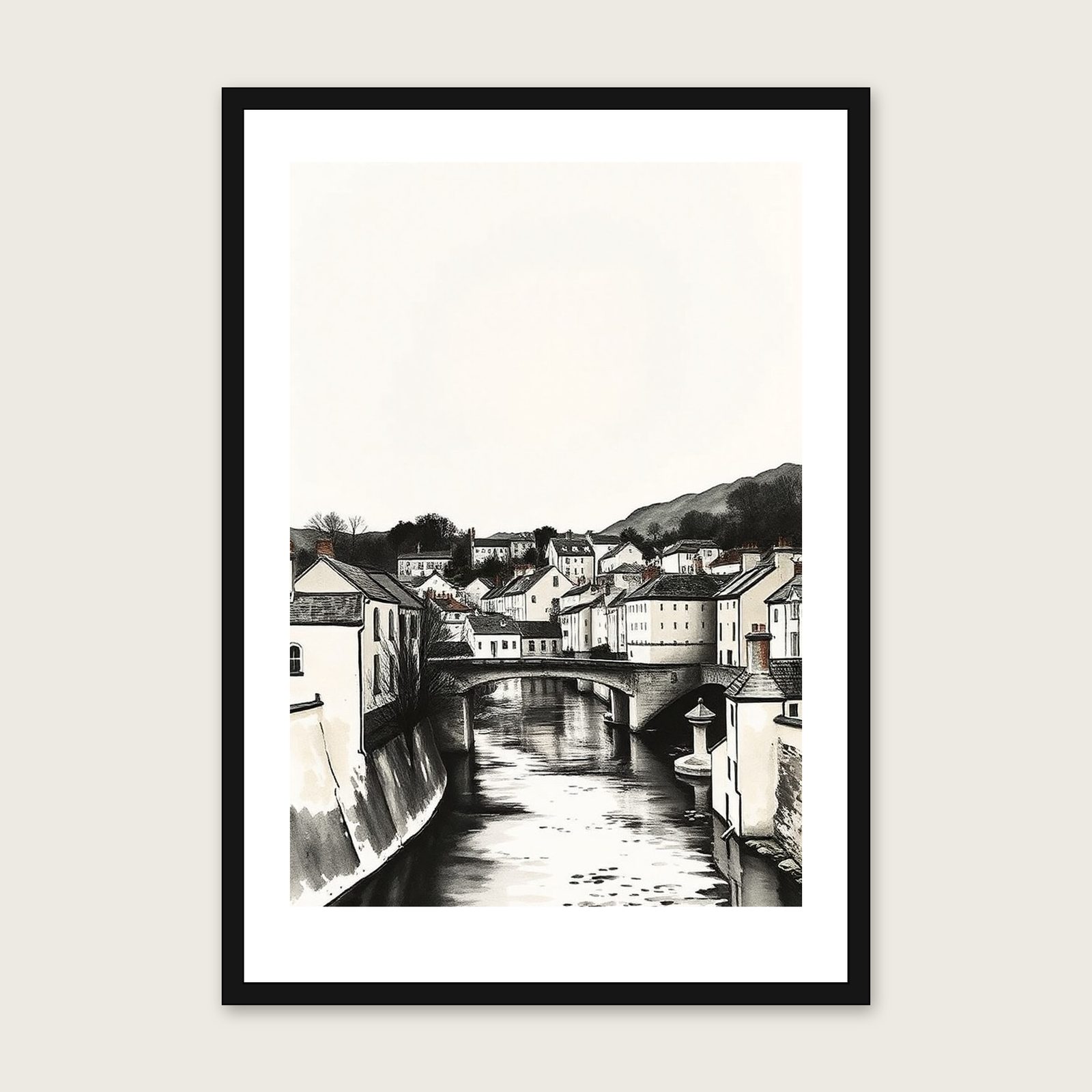 The River Wye at Symonds Yat Ink Wash Print - Framed Neutral & Beige Landscape Wall Art shown in a black frame