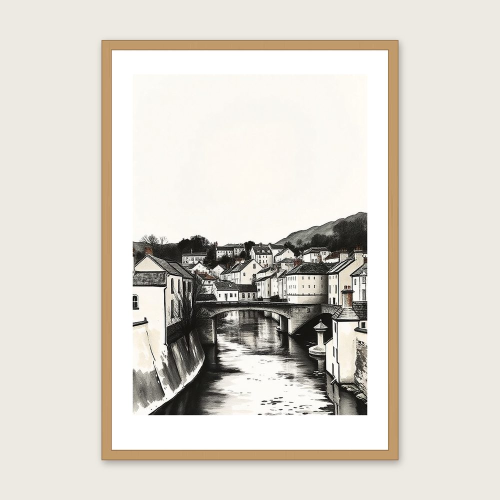 The River Wye at Symonds Yat Ink Wash Print - Framed Neutral & Beige Landscape Wall Art in a oak frame