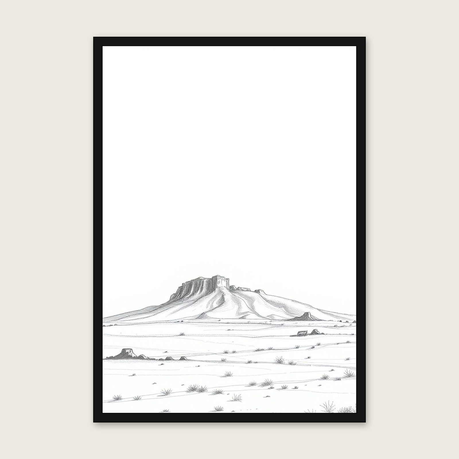 Ben Lomond - Framed Pencil Sketch Landscape Print in Neutral & Beige in a black frame