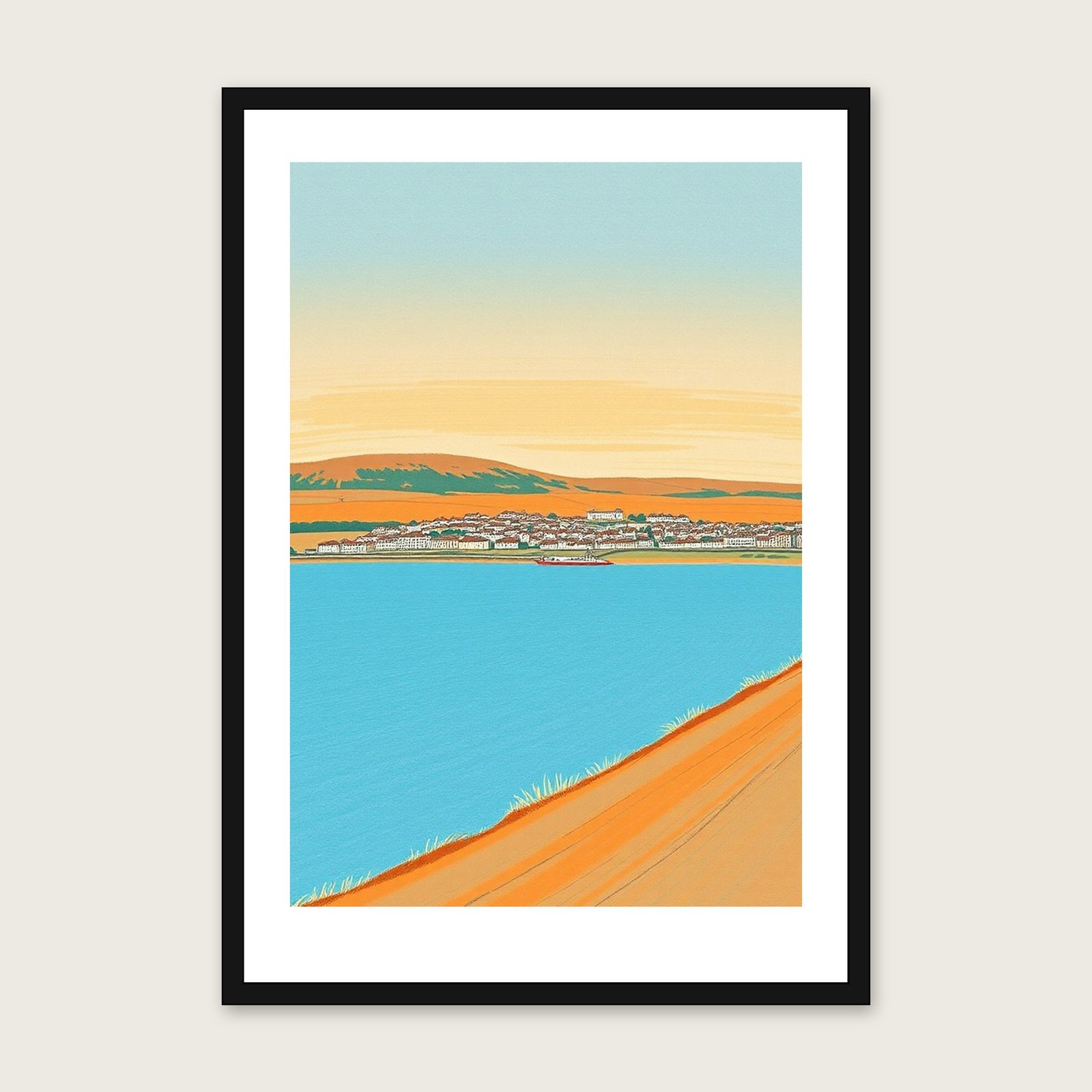 Framed Pastel Print of Northumberland National Park - Bold Colour Landscape Wall Art shown in a black frame