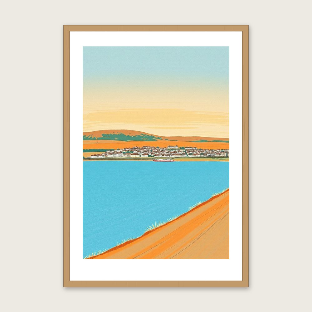 Framed Pastel Print of Northumberland National Park - Bold Colour Landscape Wall Art in a oak frame