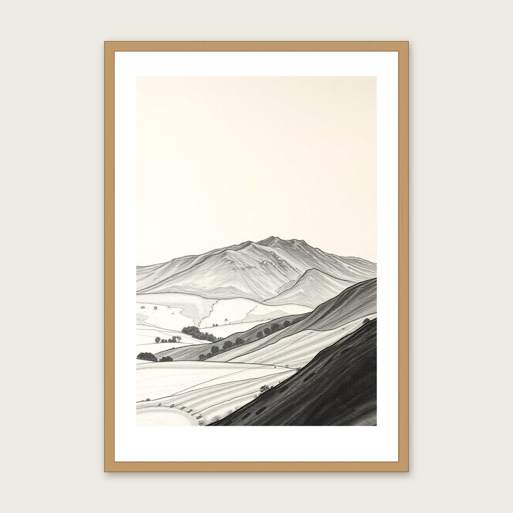 Framed Charcoal Print of The Peak District - Black & White Landscape Wall Art - Oak Frame, A3