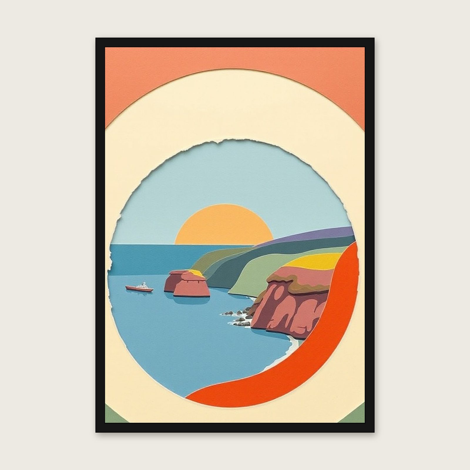 The Pembrokeshire Coast Landscape Wall Art - Framed Colourful Collage Print - Black Frame, A3