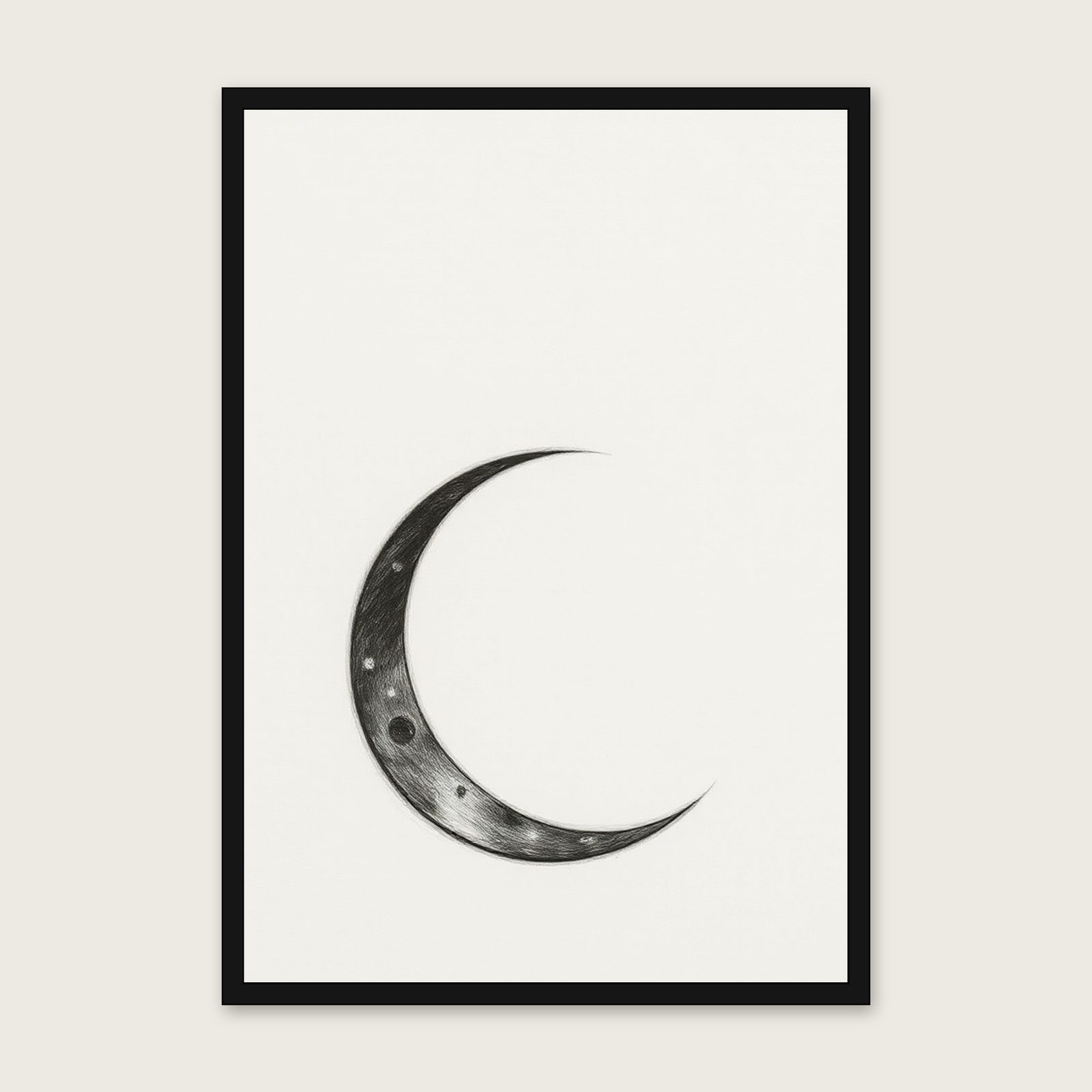 Framed Charcoal Print of A Waning Crescent Moon - Black & White Celestial Wall Art in a black frame