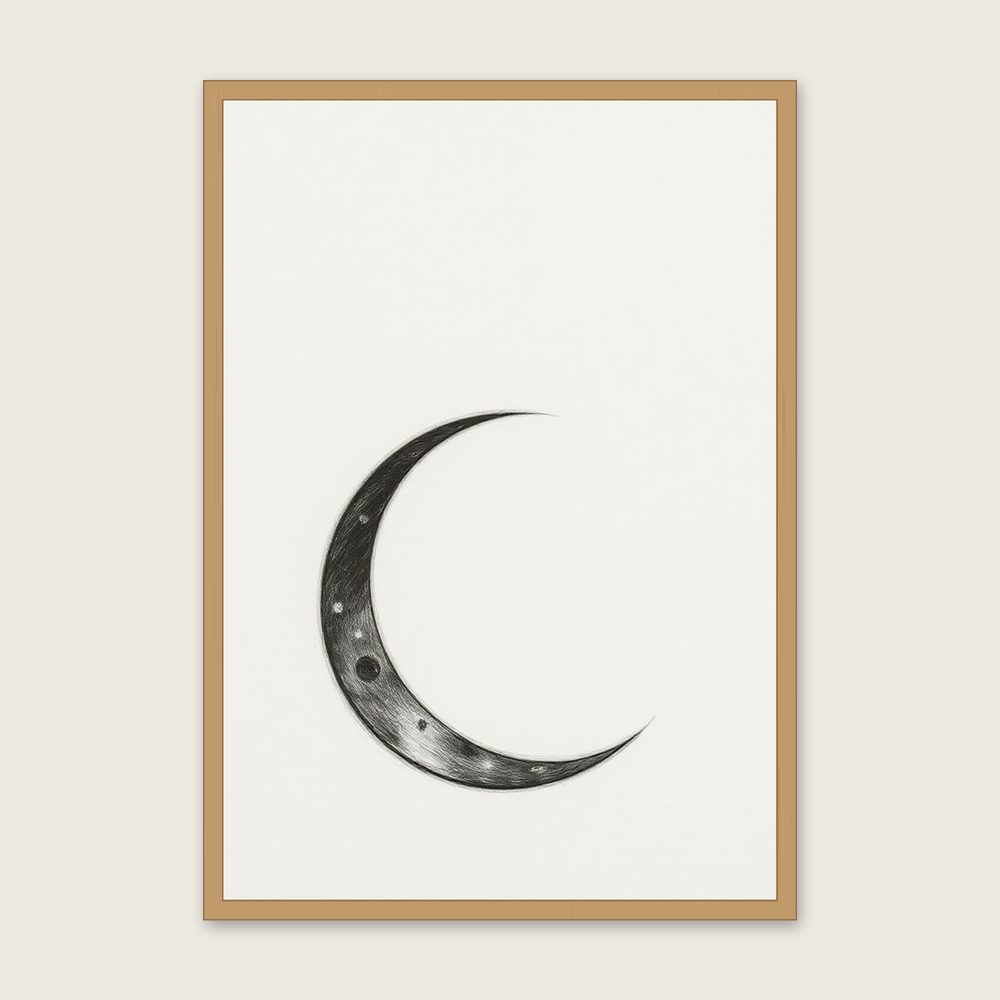 Framed Charcoal Print of A Waning Crescent Moon - Black & White Celestial Wall Art - Oak Frame, A3