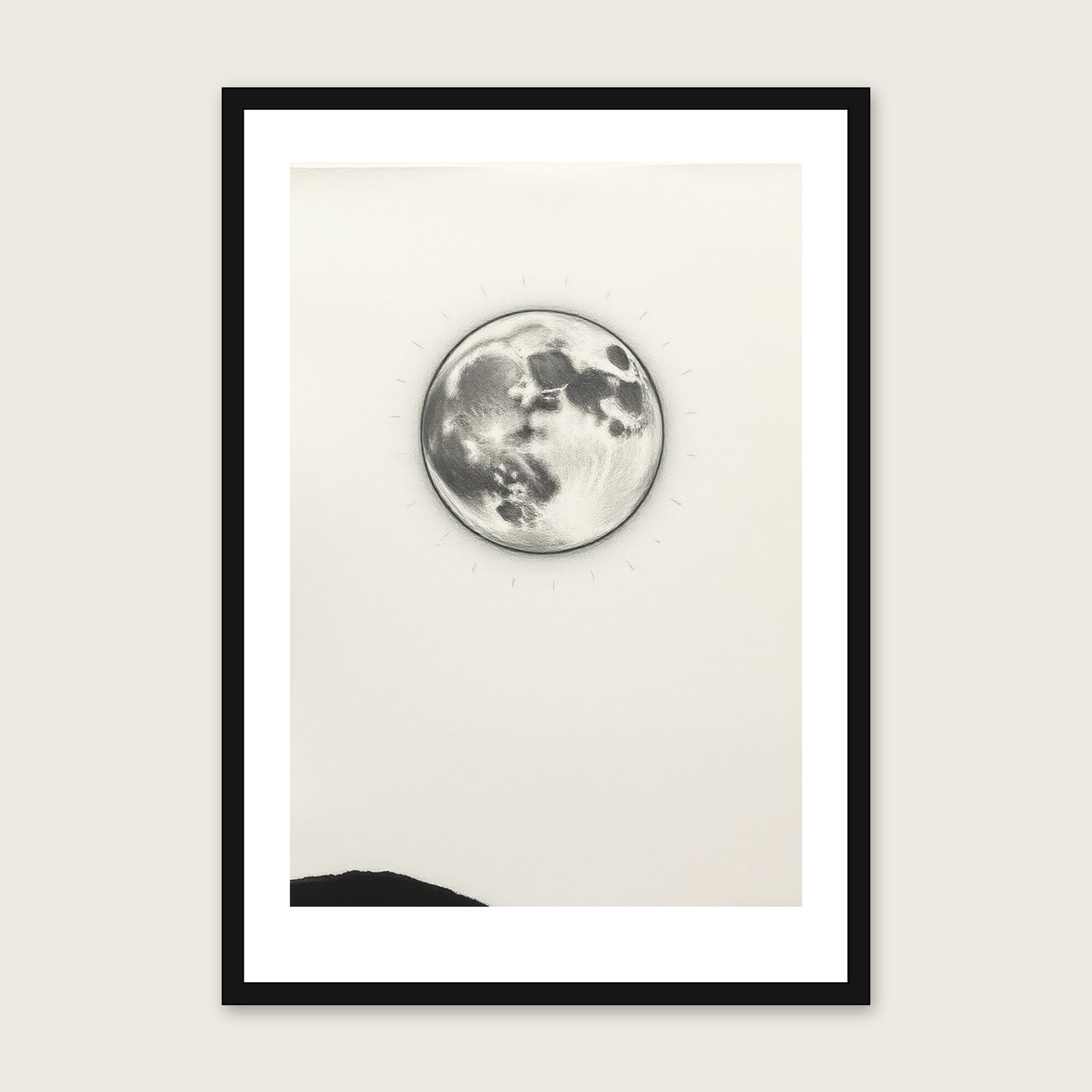 A Wolf Moon in January Charcoal Print - Framed Black & White Celestial Wall Art shown in a black frame