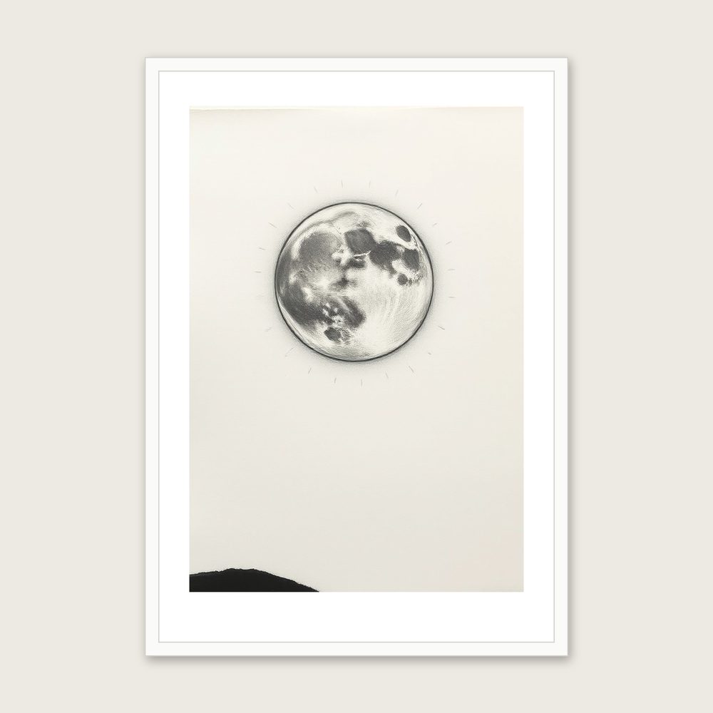 A Wolf Moon in January Charcoal Print - Framed Black & White Celestial Wall Art in a white frame