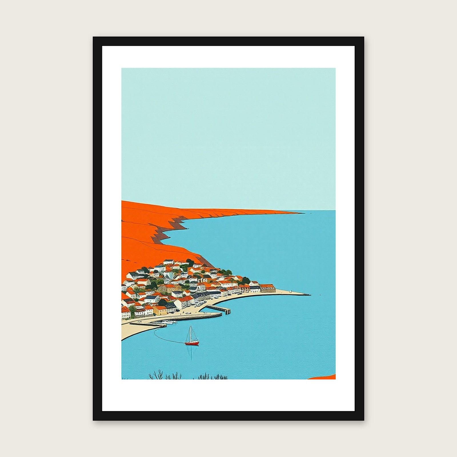 Framed Gouache Print of The Pembrokeshire Coast - Bold Colour Landscape Wall Art - Black Frame, A3