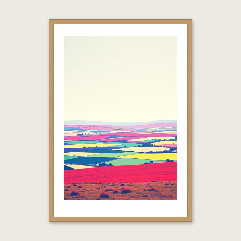 Exmoor Riso Print - Framed Colourful Landscape Wall Art in a oak frame