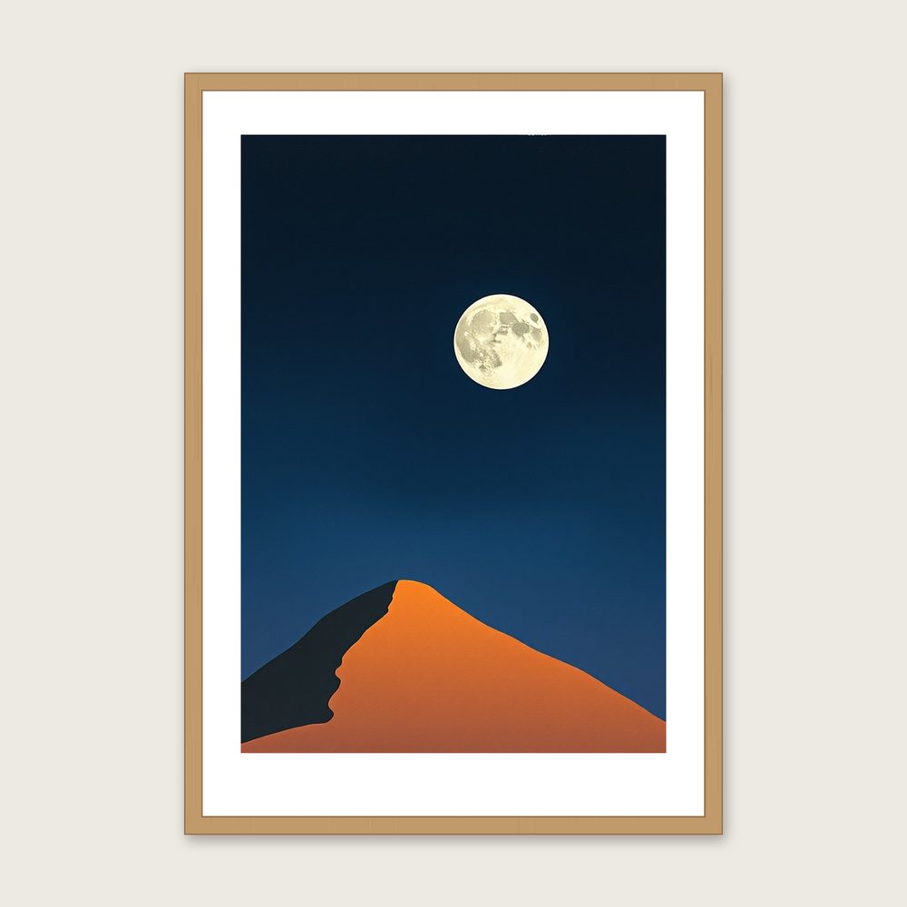 Framed Gouache Print of A New Moon - Two Tone Celestial Wall Art in a oak frame