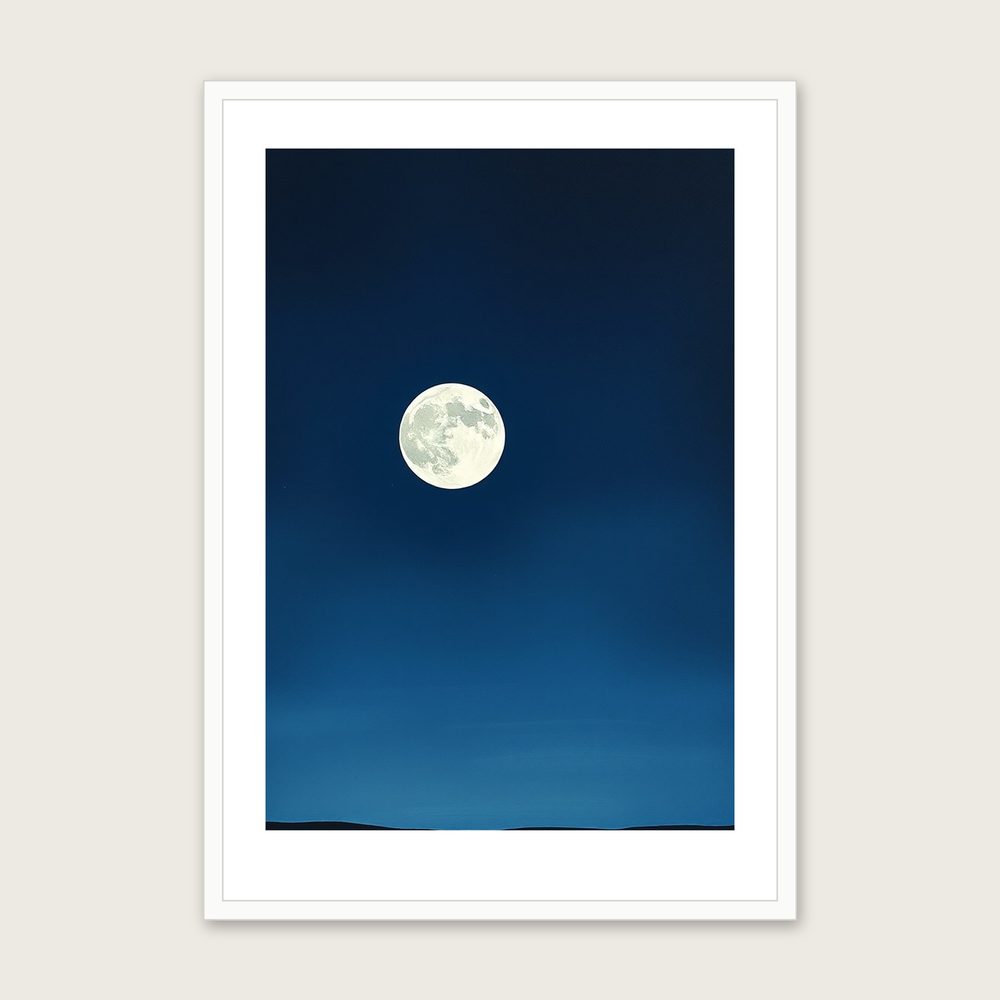 Framed Gouache Print of A Snow Moon in February - Two Tone Celestial Wall Art in a white frame