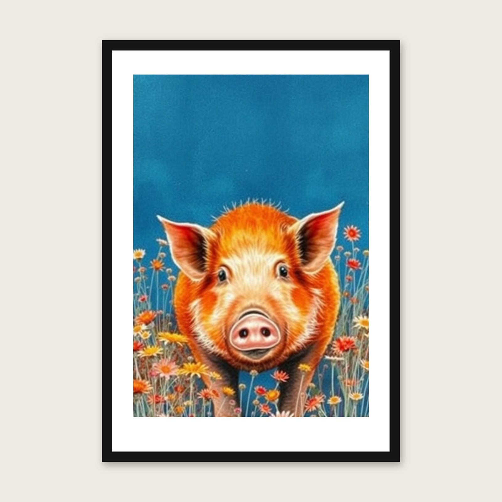 Framed Watercolour Print of Kunekune Pig - Bold Colour Animal Wall Art shown in a black frame