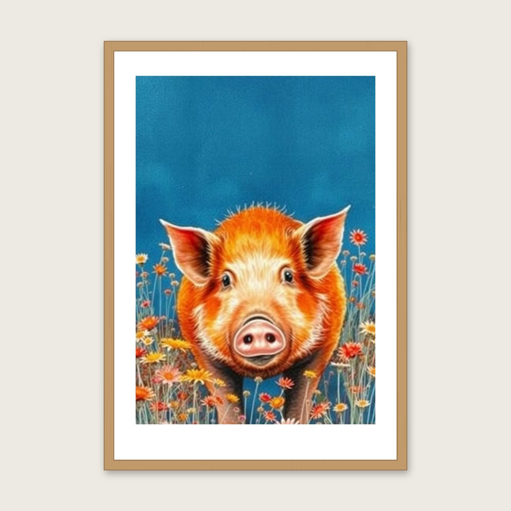 Framed Watercolour Print of Kunekune Pig - Bold Colour Animal Wall Art in a oak frame