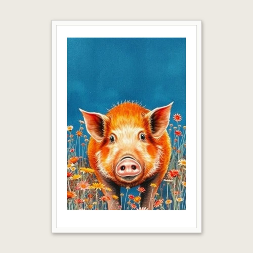 Framed Watercolour Print of Kunekune Pig - Bold Colour Animal Wall Art in a white frame