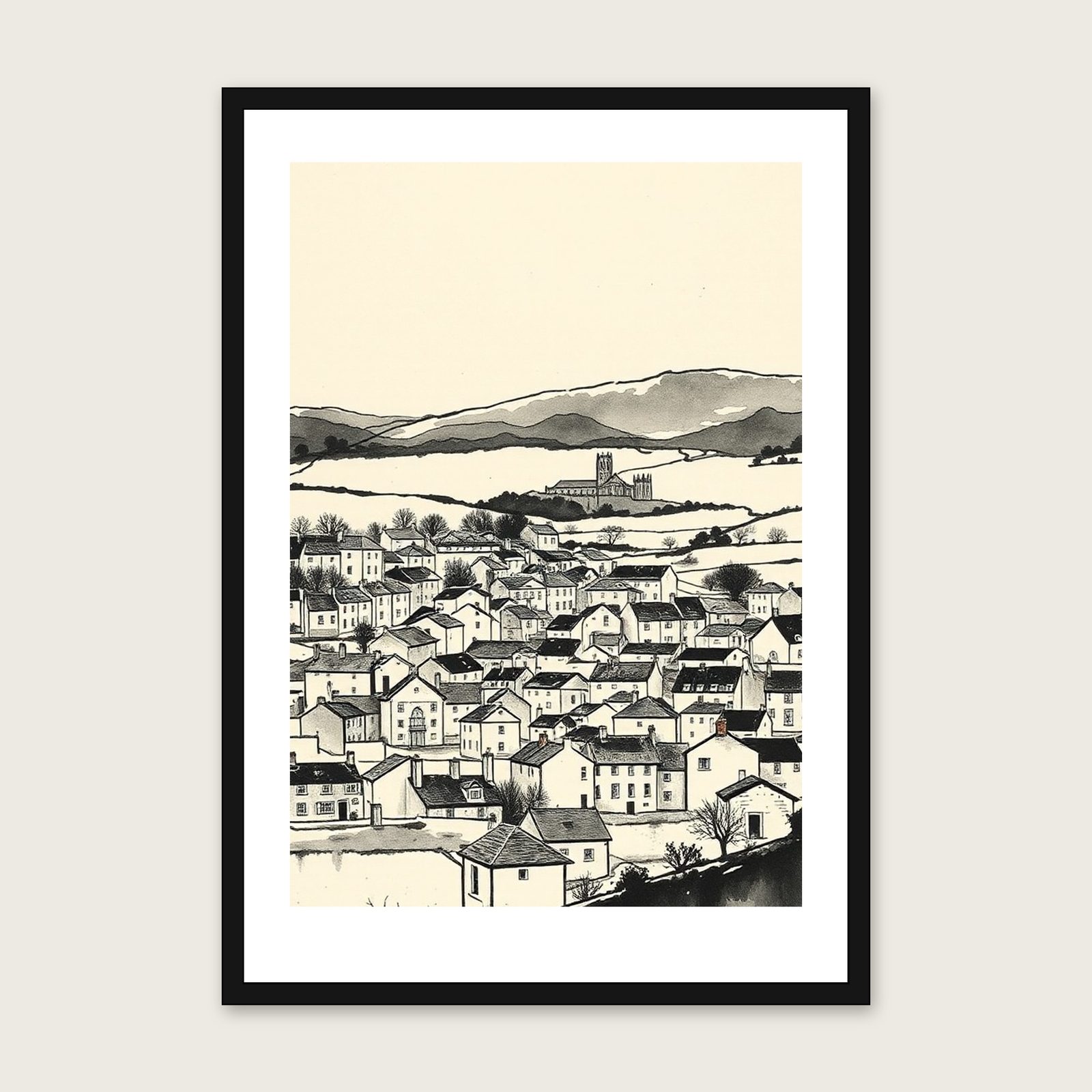 Bannau Brycheiniog Ink Wash Print - Framed Neutral & Beige Landscape Wall Art shown in a black frame
