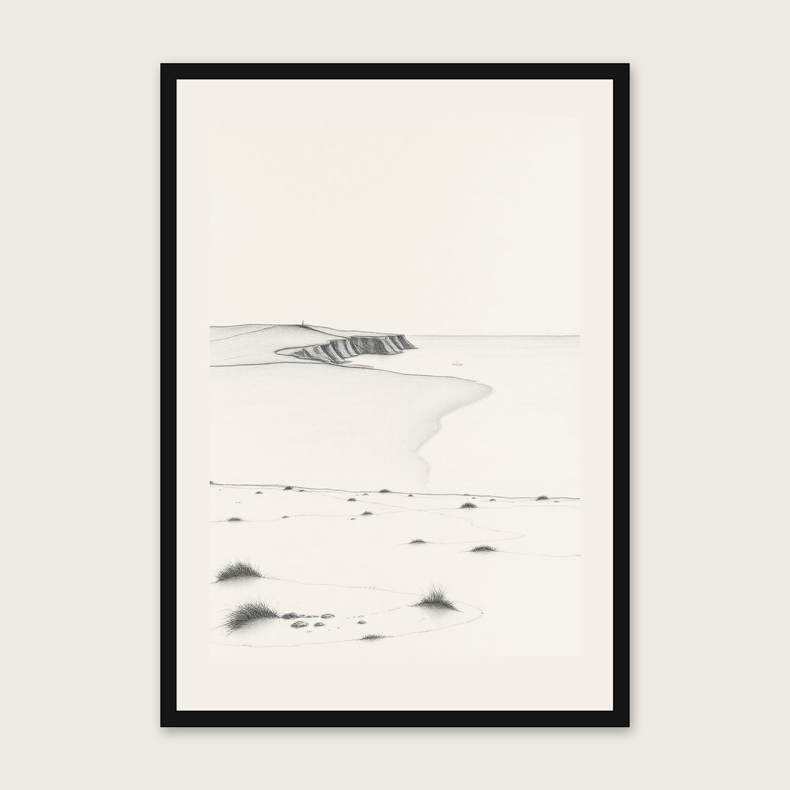 The Pembrokeshire Coast Landscape Wall Art - Framed Black & White Charcoal Print shown in a black frame