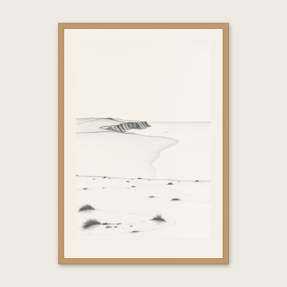 The Pembrokeshire Coast Landscape Wall Art - Framed Black & White Charcoal Print in a oak frame
