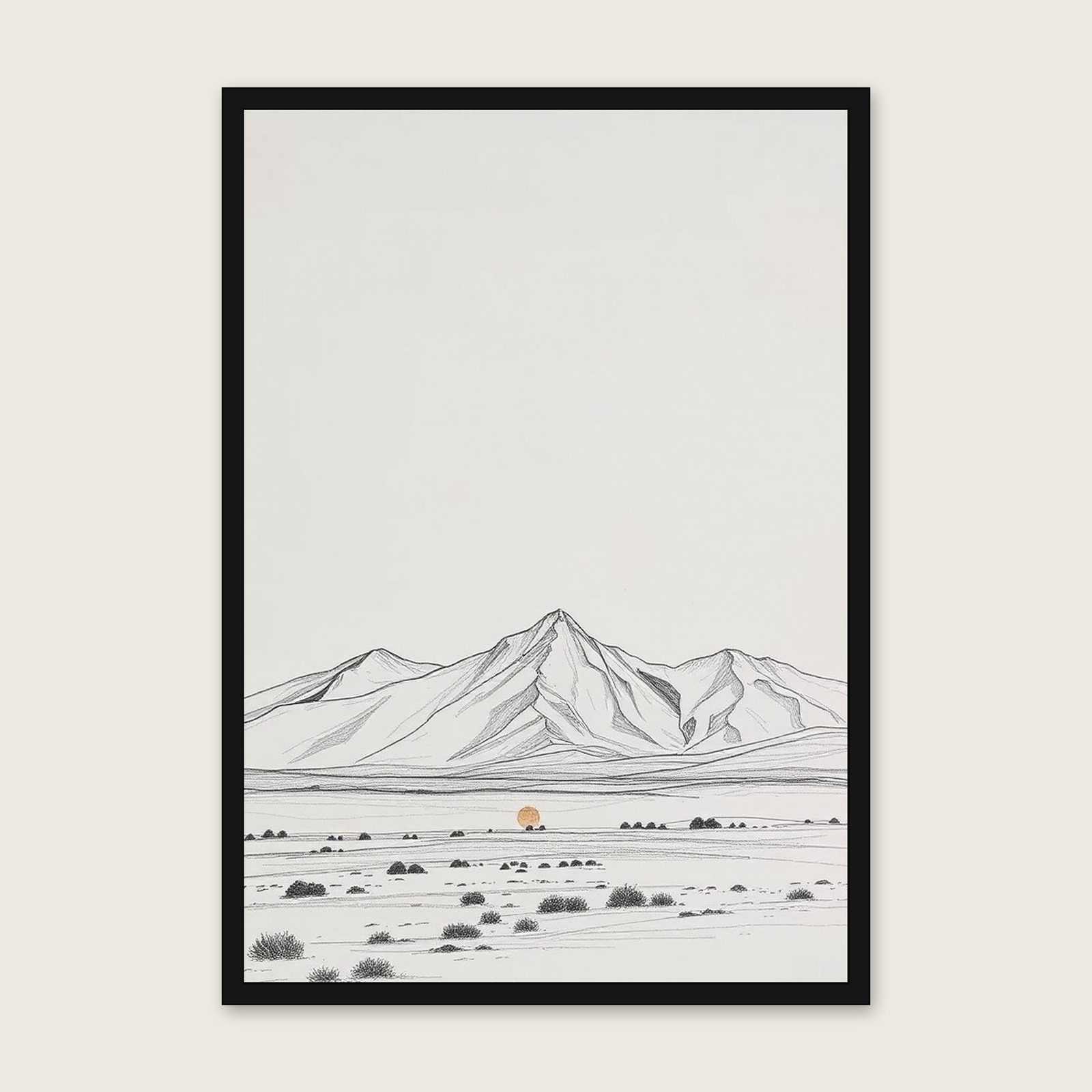 The Cairngorms - Framed Pencil Sketch Landscape Print in Neutral & Beige shown in a black frame