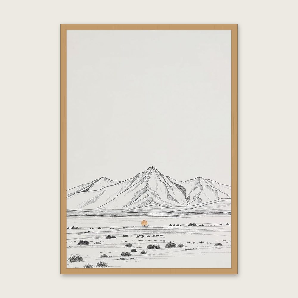 The Cairngorms - Framed Pencil Sketch Landscape Print in Neutral & Beige in a oak frame