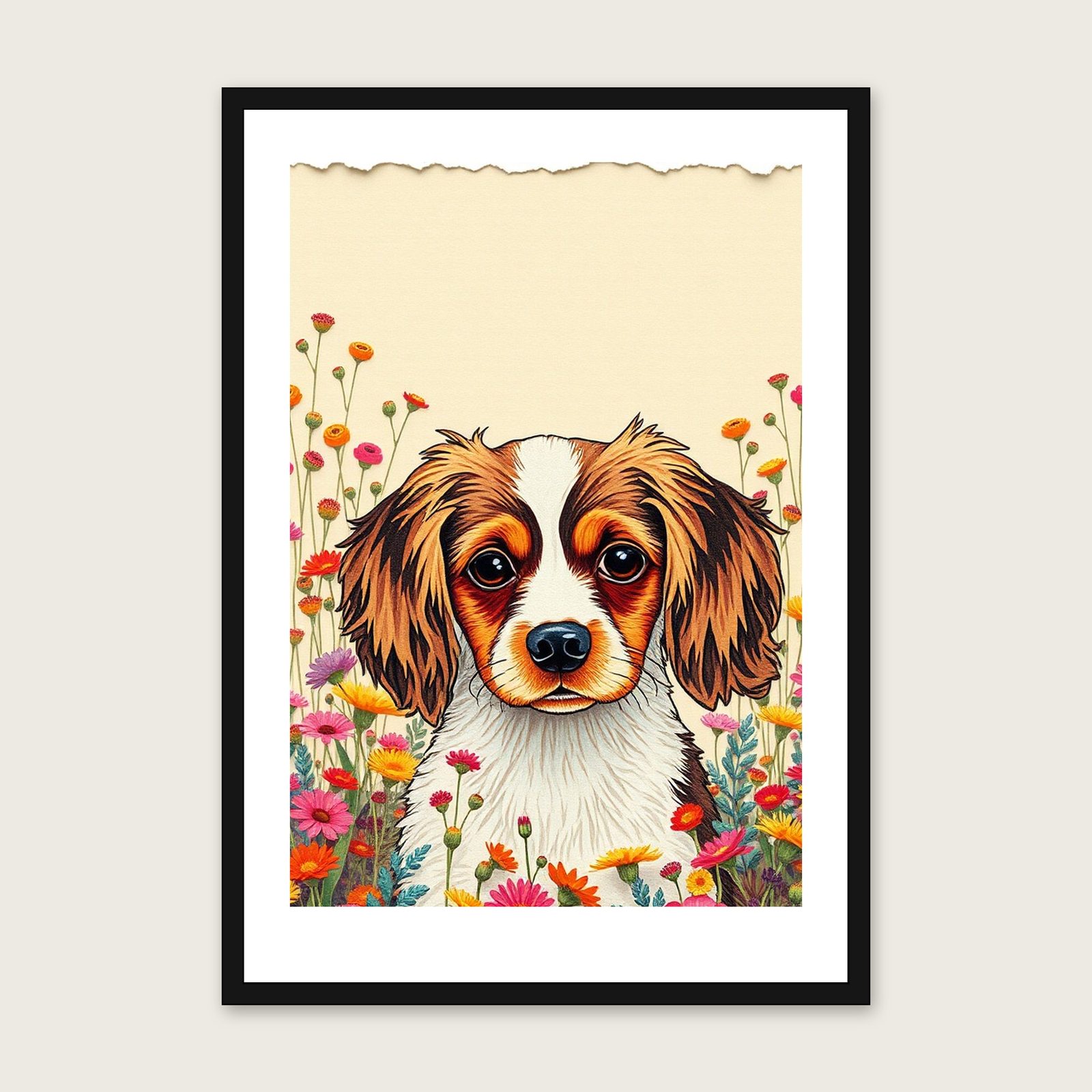 English Toy Spaniel Collage Print - Framed Colourful Animal Wall Art shown in a black frame