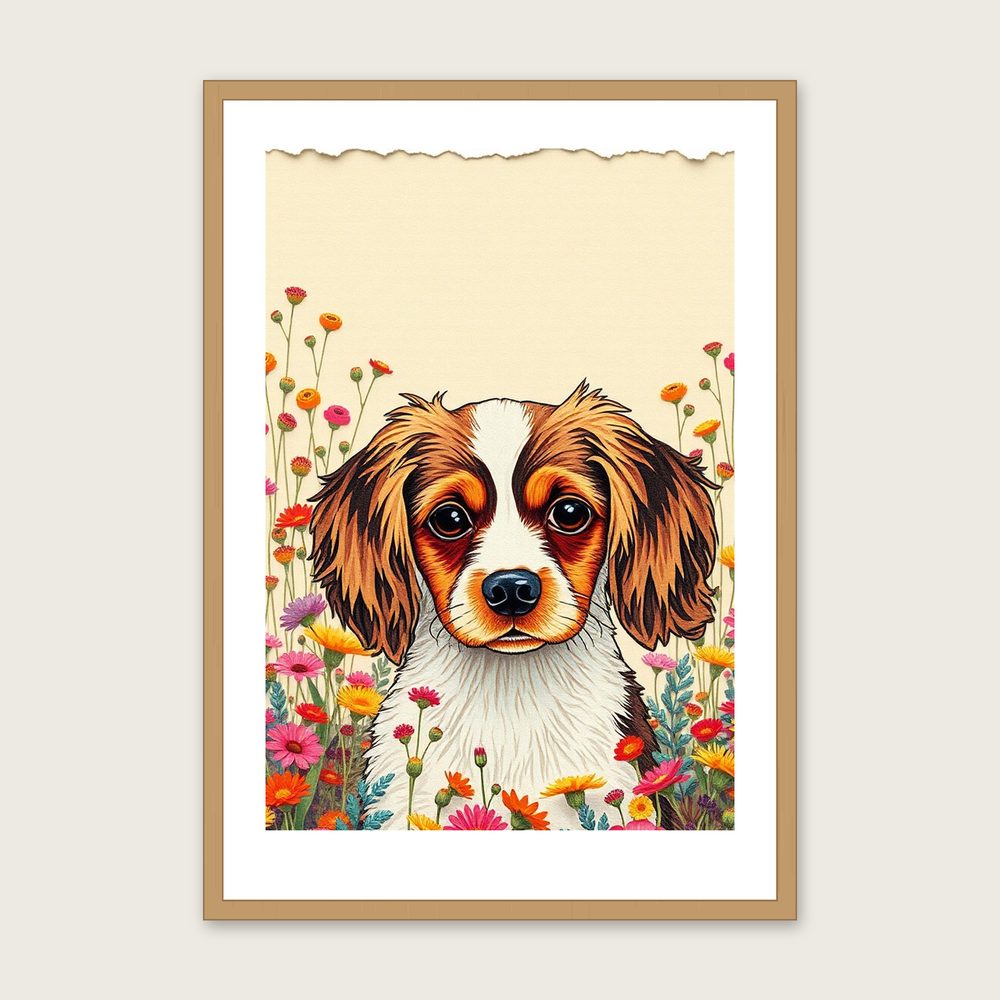English Toy Spaniel Collage Print - Framed Colourful Animal Wall Art - Oak Frame, A3