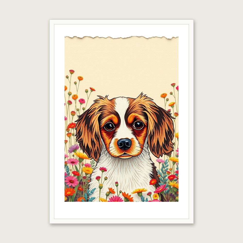 English Toy Spaniel Collage Print - Framed Colourful Animal Wall Art - White Frame, A3