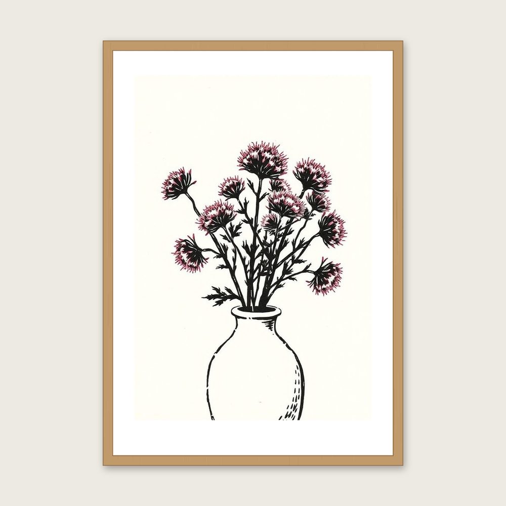 Heather in Flower Linocut Print - Framed Two Tone Botanical Wall Art in a oak frame