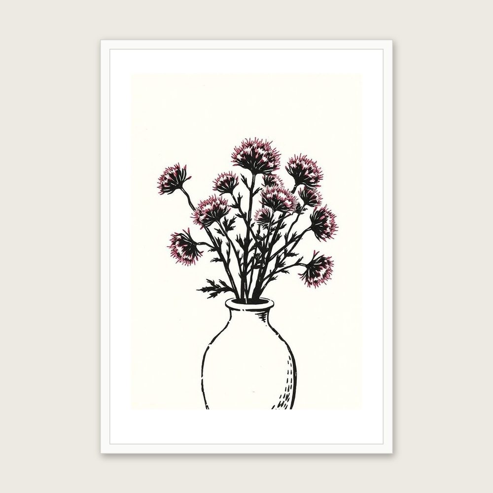 Heather in Flower Linocut Print - Framed Two Tone Botanical Wall Art in a white frame