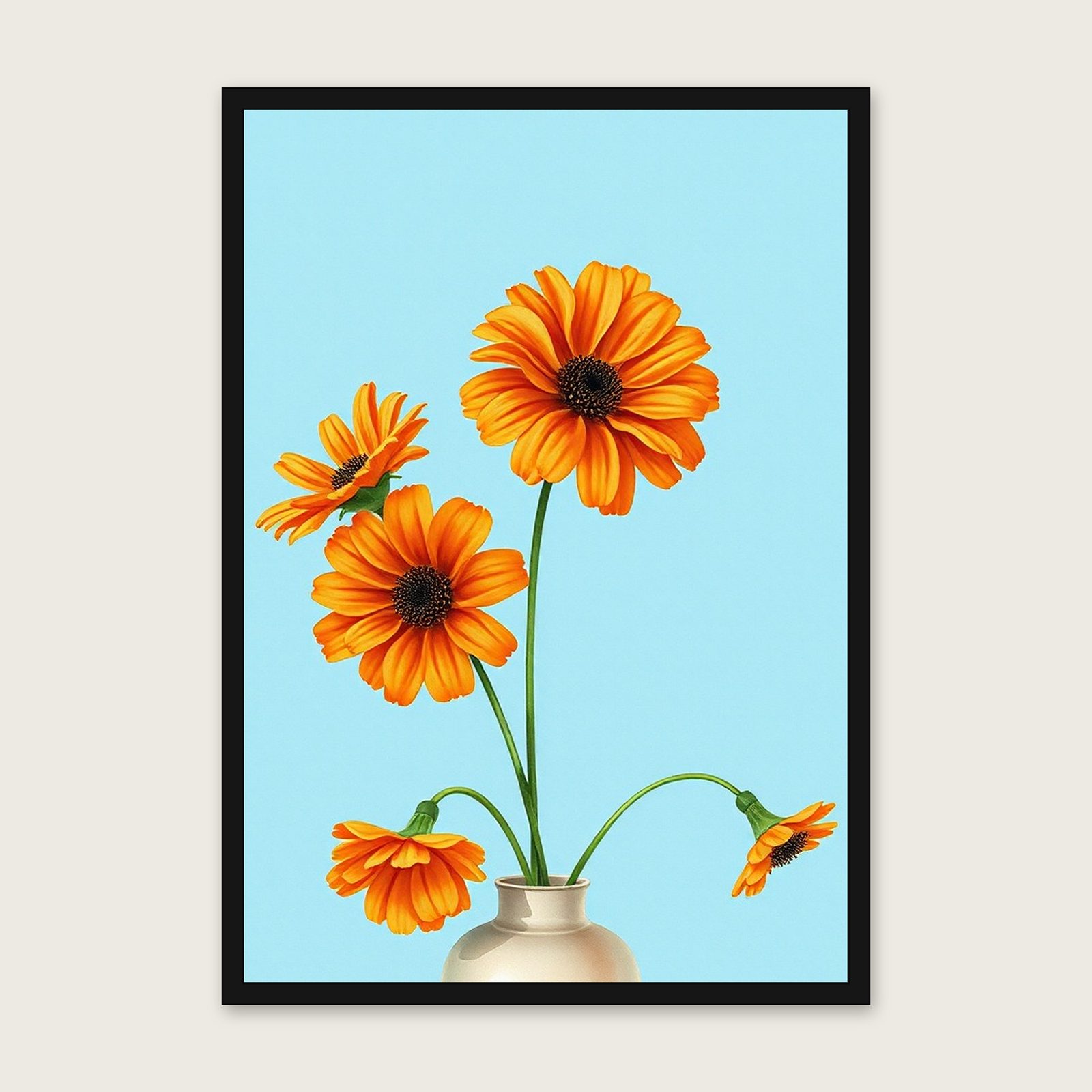 Tithonia Watercolour Print - Framed Bold Colour Botanical Wall Art - Black Frame, A3