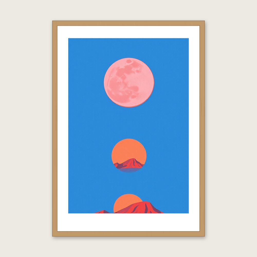 A Pink Moon in April Gouache Wall Art - Framed Bold Colour Print - Oak Frame, A3