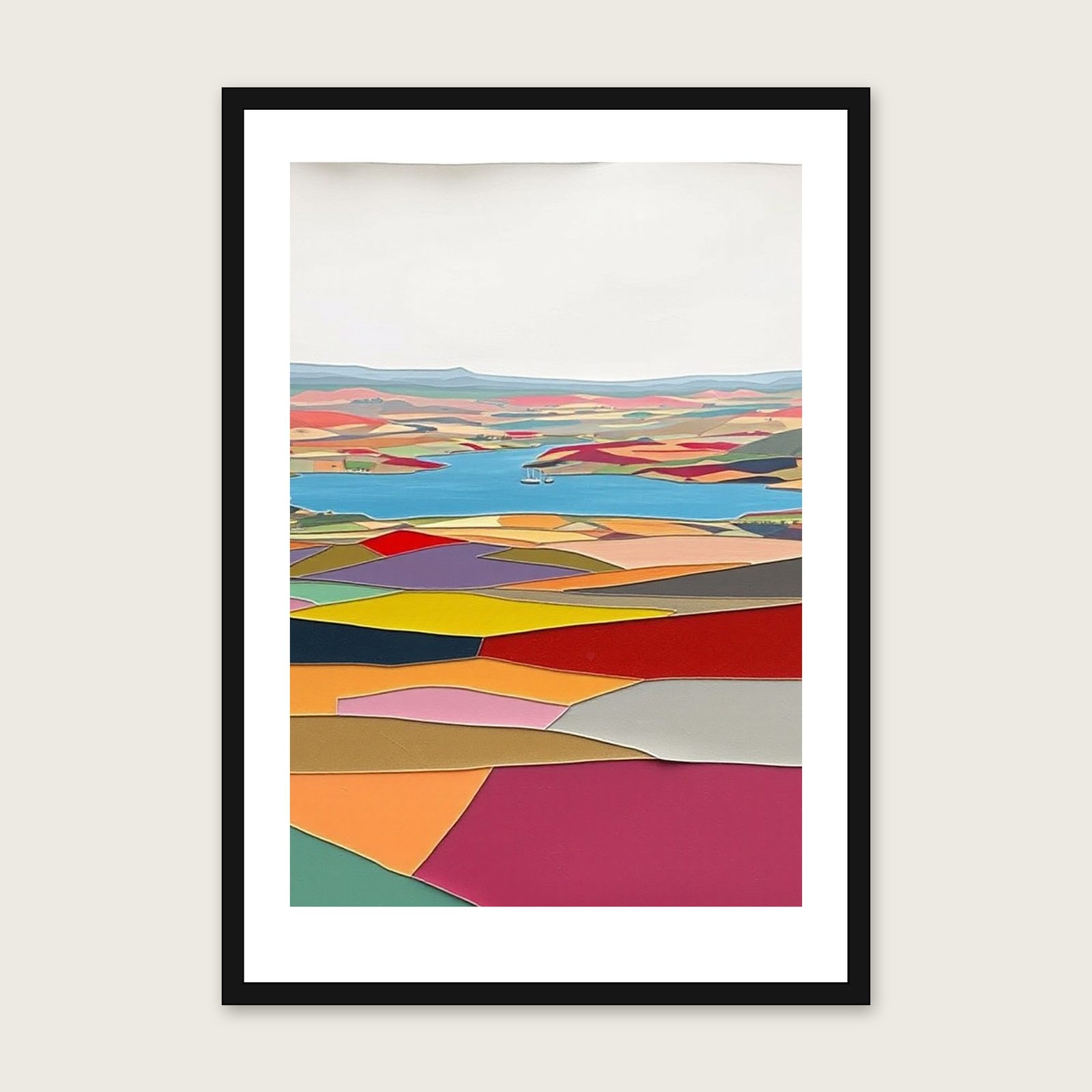 Framed Collage Print of Llangorse Lake - Colourful Landscape Wall Art shown in a black frame
