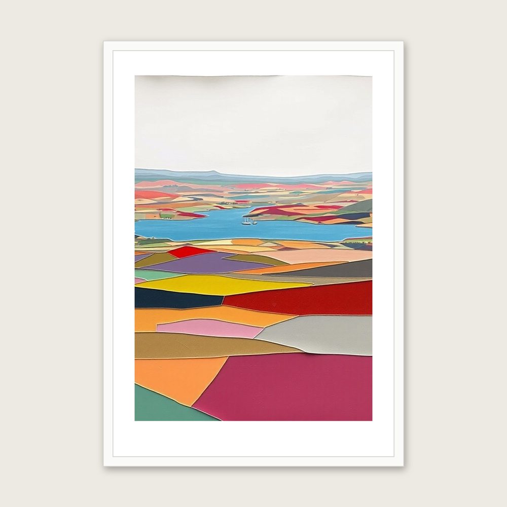 Framed Collage Print of Llangorse Lake - Colourful Landscape Wall Art - White Frame, A3