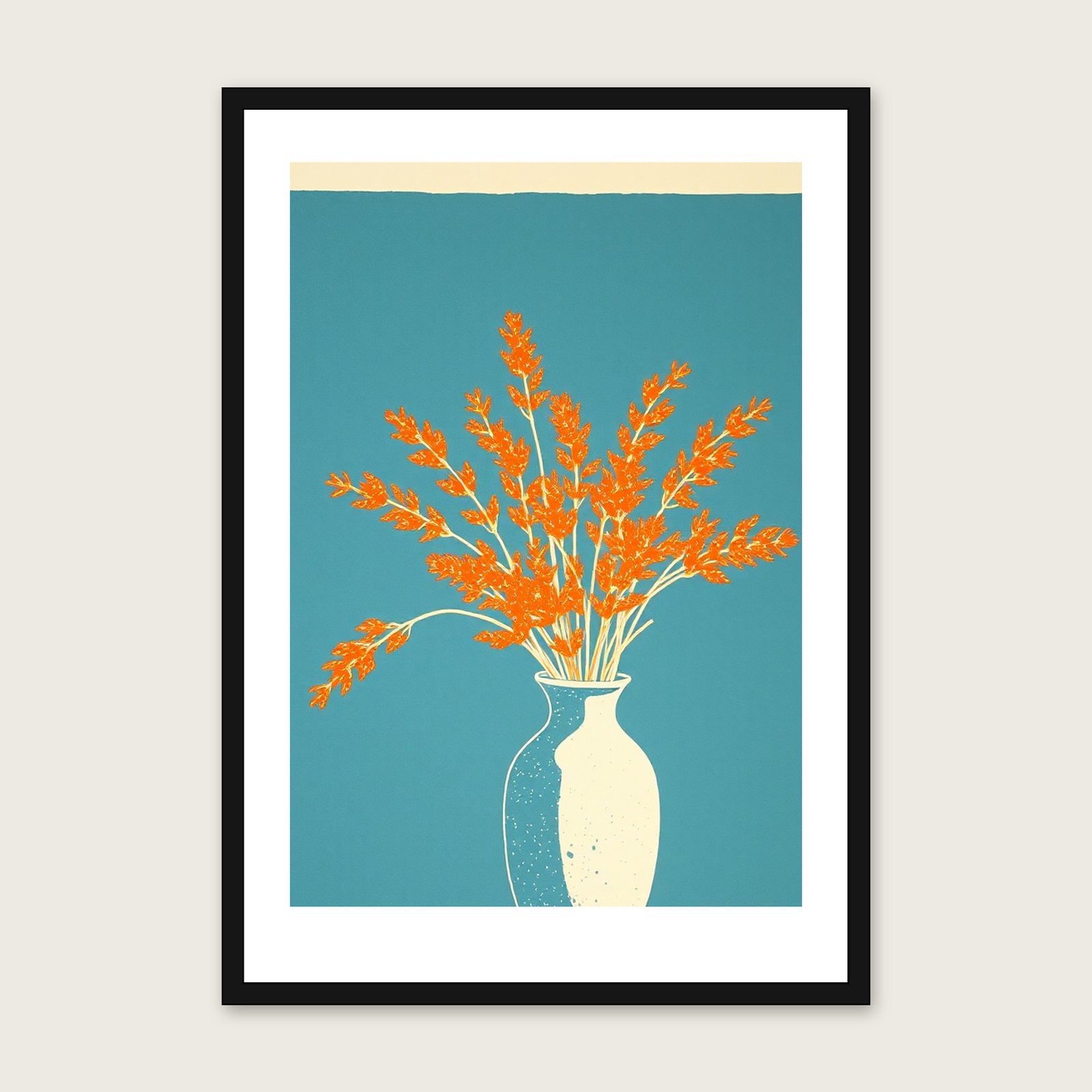 Samphire Linocut Print - Framed Bold Colour Botanical Wall Art shown in a black frame