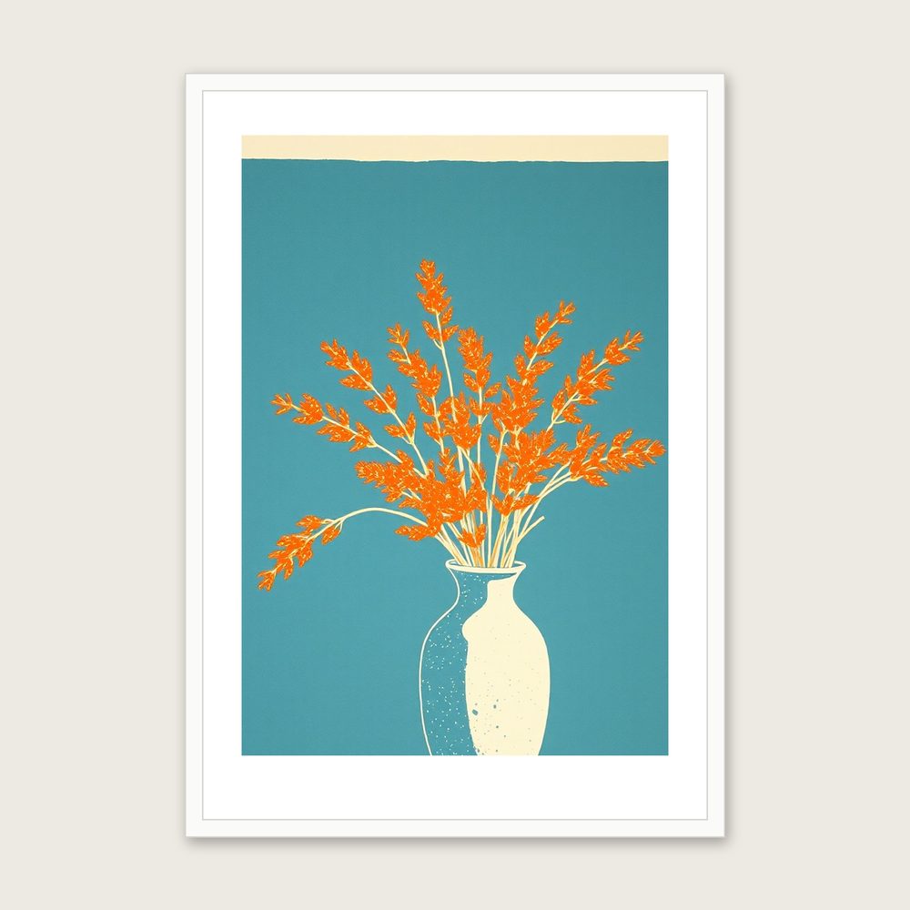 Samphire Linocut Print - Framed Bold Colour Botanical Wall Art in a white frame
