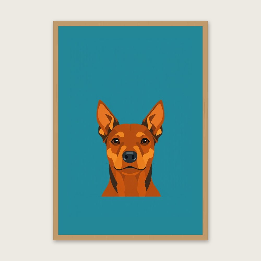 Manchester Terrier - Framed Screen Print Animal Print in Bold Colour in a oak frame