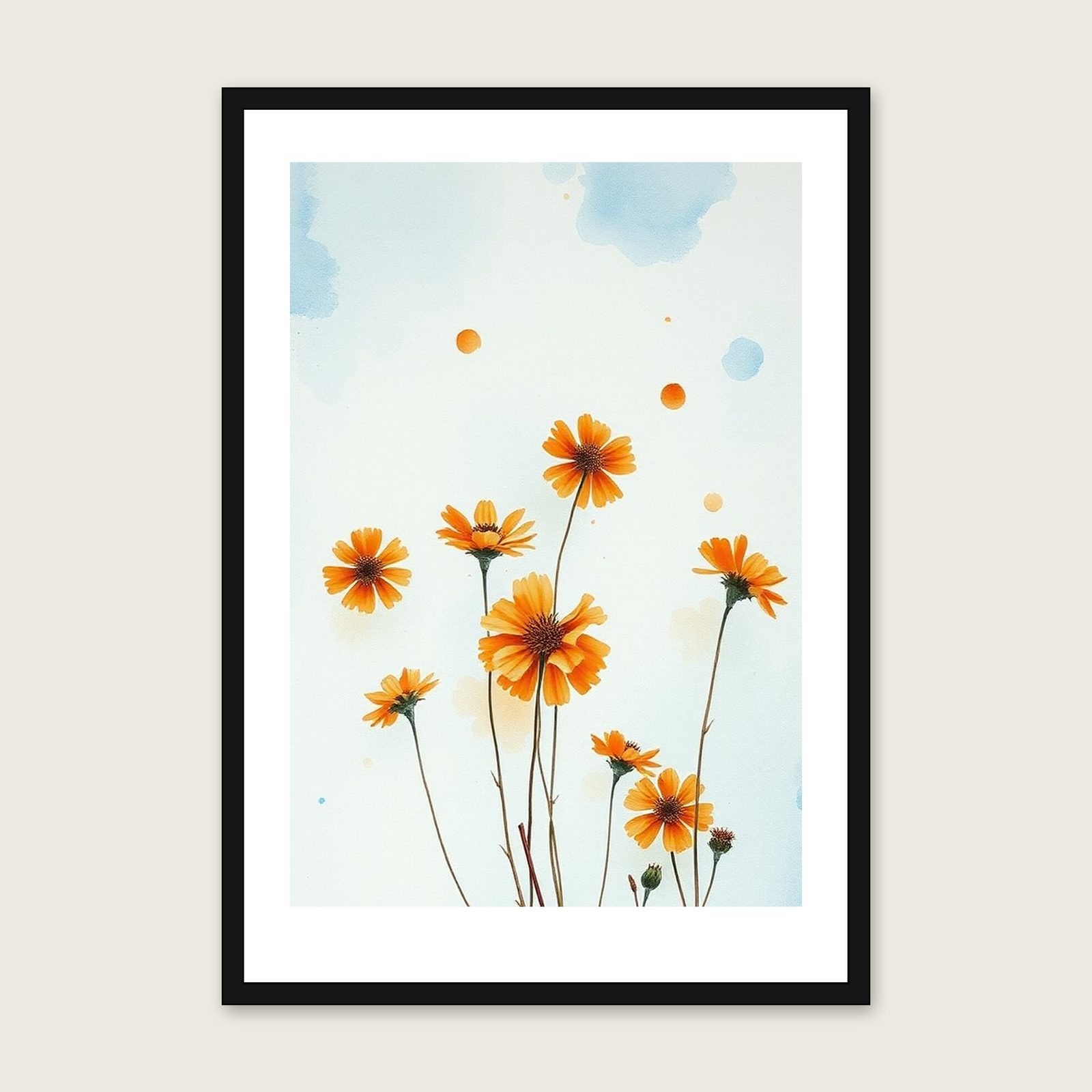 Scabious Watercolour Print - Framed Bold Colour Botanical Wall Art - Black Frame, A3