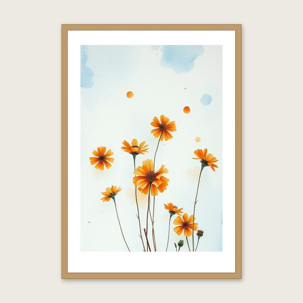 Scabious Watercolour Print - Framed Bold Colour Botanical Wall Art in a oak frame