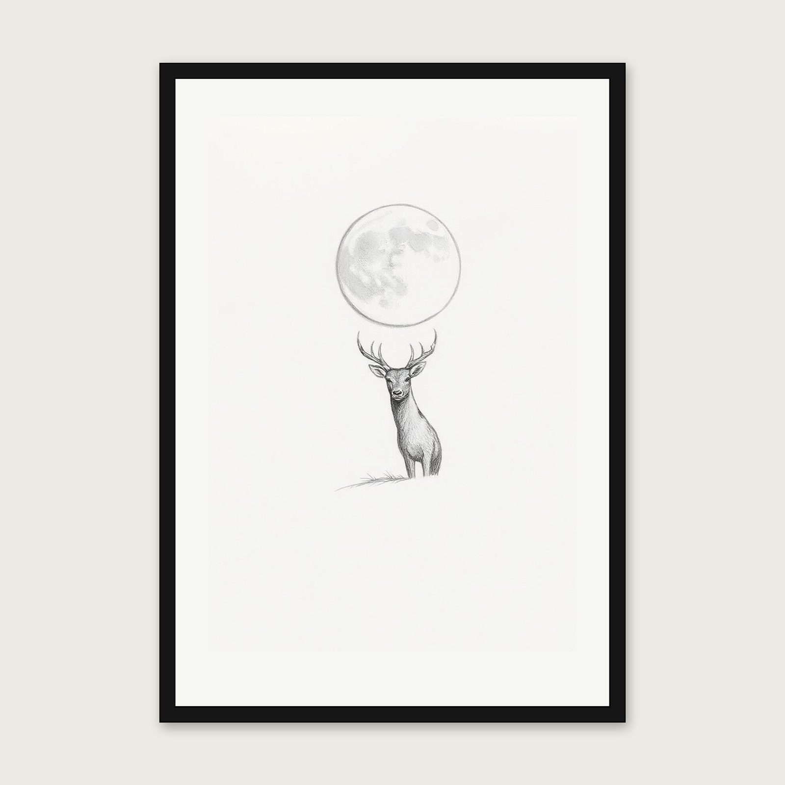A Buck Moon in July - Framed Pencil Sketch Celestial Print in Neutral & Beige - Black Frame, A3