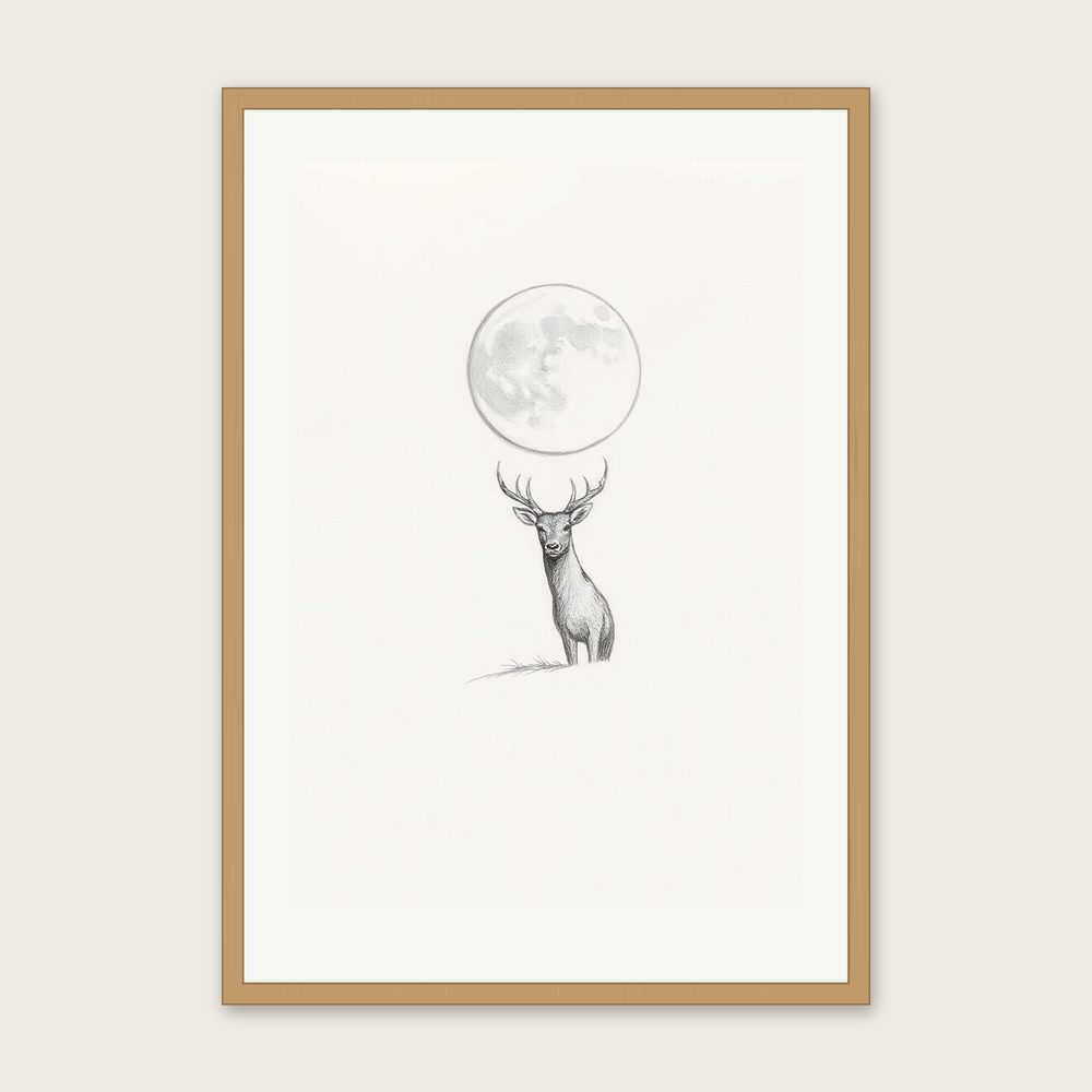 A Buck Moon in July - Framed Pencil Sketch Celestial Print in Neutral & Beige in a oak frame