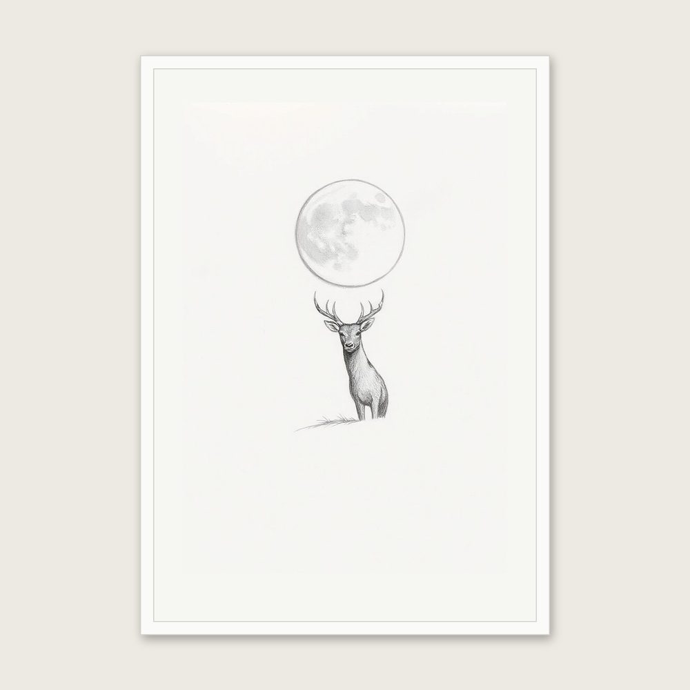 A Buck Moon in July - Framed Pencil Sketch Celestial Print in Neutral & Beige in a white frame